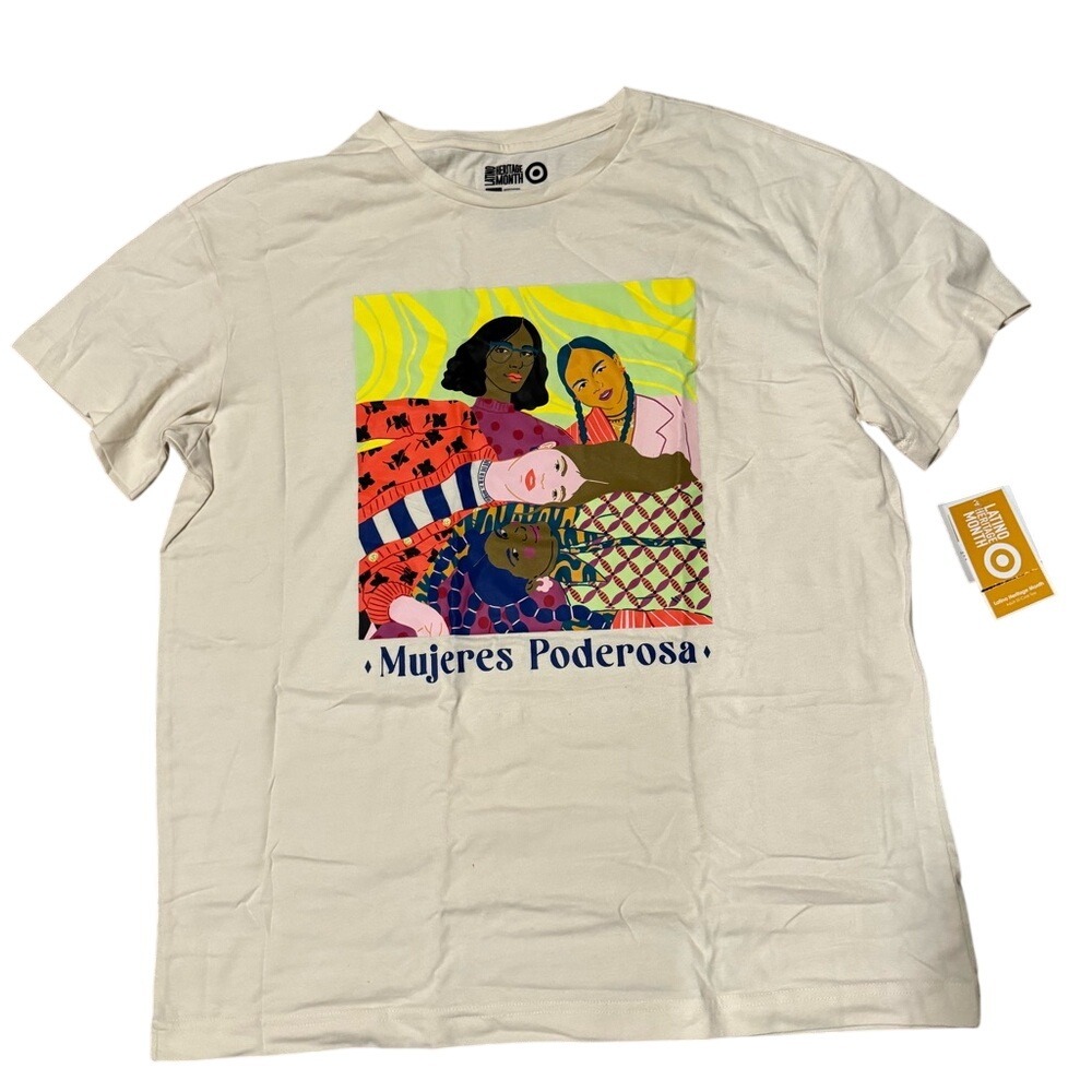 Target Women's Cream Graphic Tee with Multicolor Illustration